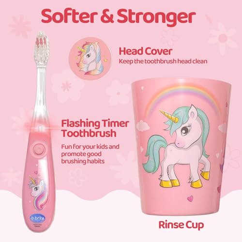 Lily's Home Kids Flashing Timer Toothbrush with Soft Bristles, Rising Cup & Cover - Fun 2-Min Light-Up Brushing for Children - Toddler Toothbrush Kit (Unicorn) - Set of 2 Unicorns