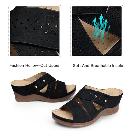 TEMOFON Wedge Sandals Women Summer: Comfortable Platform Slip on Sandals 7.5 17 Black