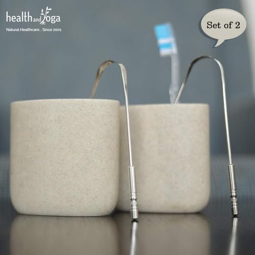 HealthAndYoga™ SteloSwipe Tongue Cleaner Scraper - Sterilizable Surgical Steel Tongue Brush (Set of 2) Plus qLoop Copper Tongue Cleaner (Set of 2)