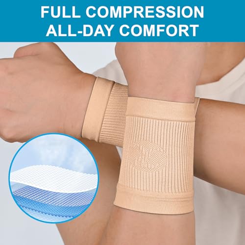 KEKING Compression Wrist Sleeves for Women Men, 1 Pair, Tendonitis Beige Medium