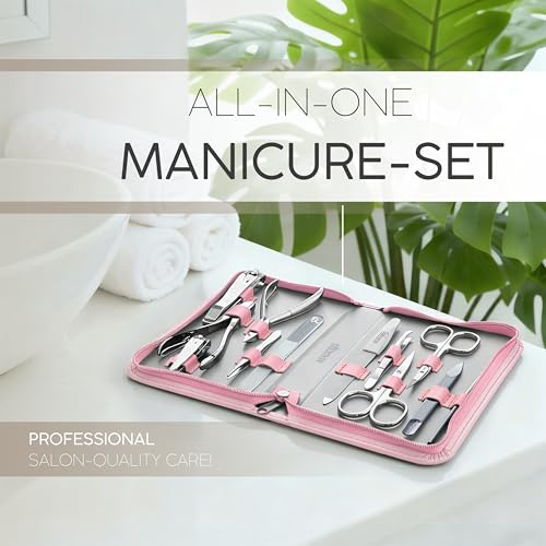 Manicure Set Women and Men – 12-Piece Professional Grooming Kit with Premium Tools, Genuine Leather Case, and Exclusive Glass Nail File for Hand & Foot Care, German Quality Pink