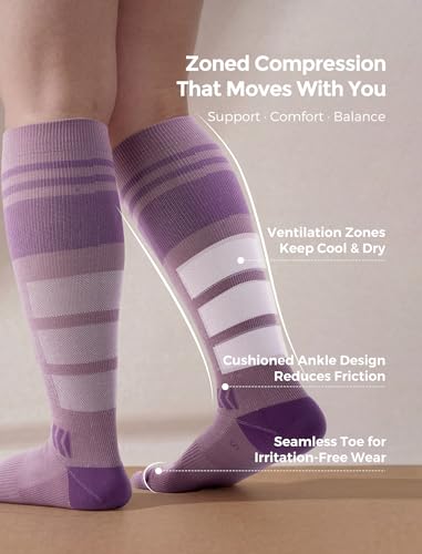 Momcozy Compression Socks for Women, 20-30 mmHg for Flying, Travel & Sports Medium Purple/White