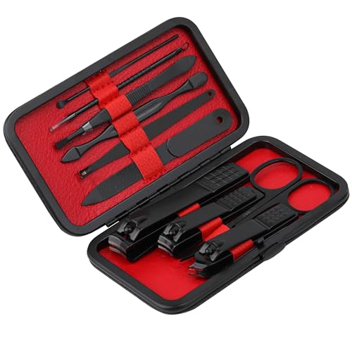 Glamne Manicure Set Nail Clippers Kit Professional Stainless Steel Nail Care Tools with Leather Travel Case 10 in 1 Black Red