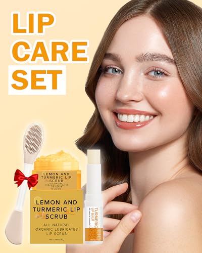 3Pcs Turmeric Lemon Lip Scrub and Turmeric Lip Balm Hydrating & Nourishing Lip Care kit, Exfoliating Lip Scrub with Aloe Vera For Dark Lips,Long-Lasting Natural Balm Moisturizer for Dry, Cracked Lips Set A