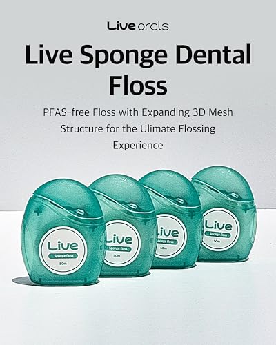 LiveOrals Live Sponge Dental Floss – 164ft (50m) Pack of 6, PFAS-Free, Non-Toxic Wax, Expanding 3D Mesh for Gentle & Effective Cleaning Between Teeth