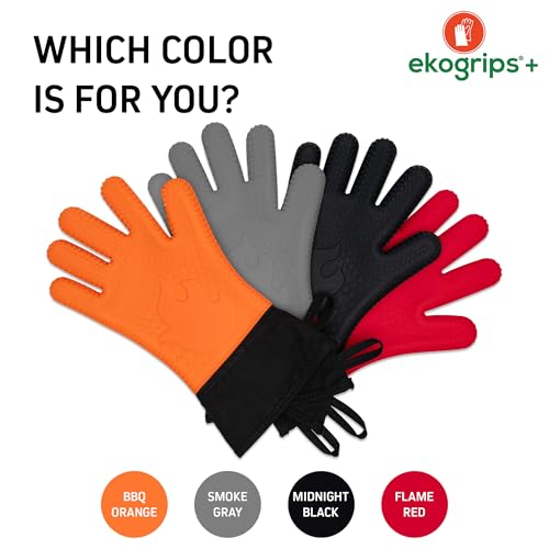 Ekogrips Plus Oven Gloves with Fingers, Comfy Waterproof Silicone Oven Mitts Heat Resistant with Long Cuff, Insulated BBQ Gloves Perfect for Grilling, Baking, Smoker, Canning, Pizza, Red, Hot Mitts OSFM