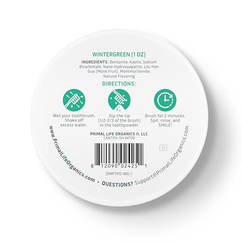 Primal Life Organics - Dirty Mouth Toothpowder, Tooth Cleaning Powder, Flavored Essential Oils with Natural Kaolin & Bentonite Clay, Good for 200+ Brushings, Organic, Vegan (Wintergreen, 1 oz) 1 Ounce (Pack of 1) Wintergreen