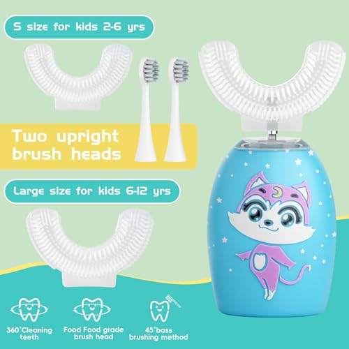 Kids U-Shaped Electric Toothbrush, Rechargeable Kids Toothbrush with 4 Brush Heads, 2 Cleaning Modes, Cartoon Cat Design, IPX7 Waterproof (Ages 2–12) Blue