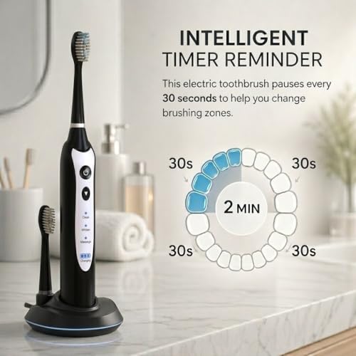 Sonic Electric Toothbrush for Adults - Rechargeable Power Toothbrush with 5 Soft Bristle Heads, Travel Case, 3 Cleaning Modes & Smart Timer, IPX7 Waterproof (Black) Black