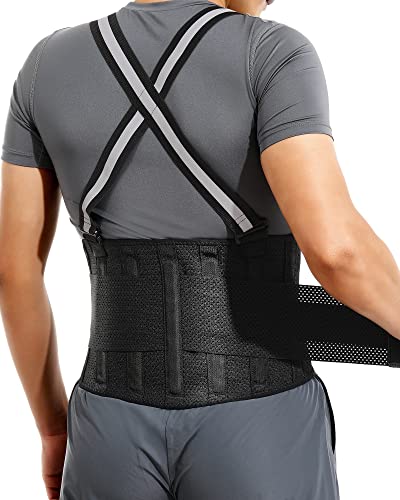 Back Brace for Heavy Lifting for Men Women Lower Back with Reflective Belt and 7 Splints, Ultra-thin Mesh Fabric, Back Brace for Posture Men Women, Perfect for Work Outdoor Running Motorcycle Black S