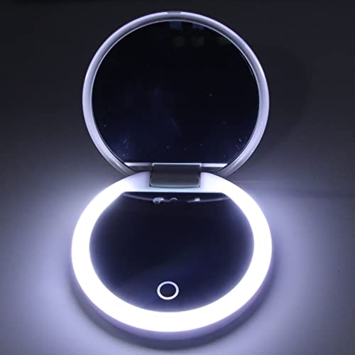 Travel Compact Mirror with Camera, 2X Magnification Portable Mirror with Lights Checking Sunscreen LED Makeup Mirror, 3.5in Folding Travel Mirror