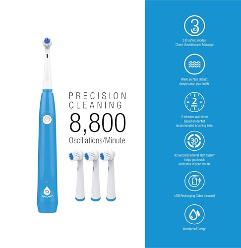 Pursonic Rotating Electric Toothbrush for Adults with 3 Brush Heads - Toothbrush Electric with 3 Cleaning Modes - USB Rechargeable Toothbrush with 2 Minute Smart Timer (White) White