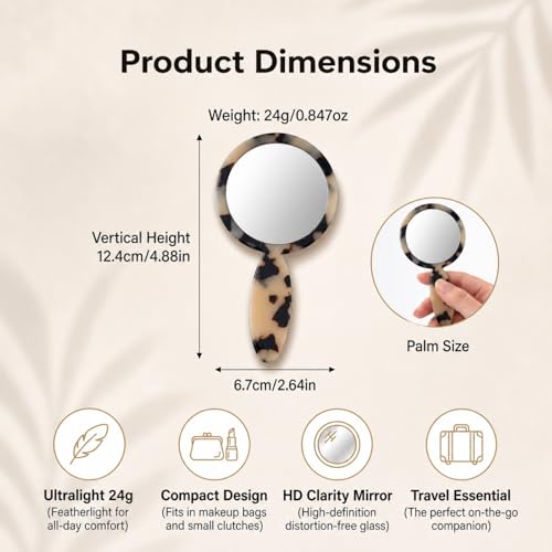 RattanView 6 Pcs Tortoise Shell Small Handheld Hand Mirror Compact Travel Makeup Mirror Personal Portable Vanity Glass for Travel Makeup Camping Daily Gifts