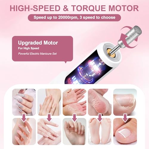 Professional Manicure Pedicure Kit with 360° LED Light& LCD Display White Nail Drill 12 Piece