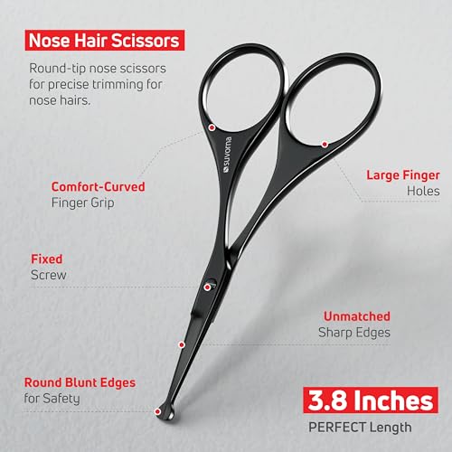 Suvorna Premium Beard & Mustache Set with Beard scissors for men, Straight Razor with blades- Facial Hair/Nose/Eyebrow Scissors - Slant Tweezers (6 Pcs Black) 4.5" Beard & Mustache Scissors