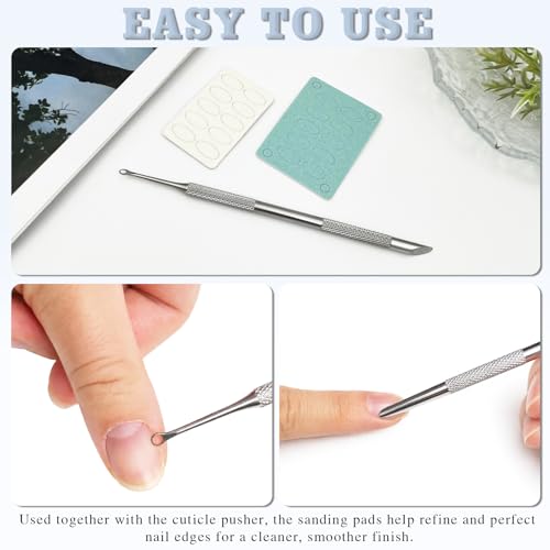 Stainless Steel Dual-Ended Cuticle Prep Tool with 100 & 180 Grit Sandpaper, Professional Manicure & Pedicure Nail Pusher