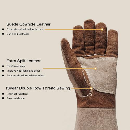 Welding Gloves -Long Sleeve Fireproof and Heat Resistant 15IN M Brown 1 Pair Medium