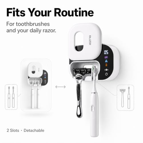UV Toothbrush Sanitizer Holder, Wall Mounted Toothbrush Cleaner with UV Light, Touchless Wave Sensor Auto Inductive, Fan & Heated Drying, USB Rechargeable Toothbrush & Razor Holder White