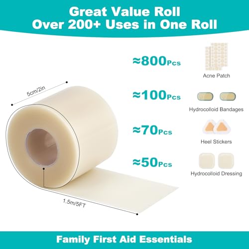 Hydrocolloid Roll for Wound Care, Hydrocolloid Bandages with Self-Adhesive, Cut-to-Size Patch Bandages, Ultra Absorbent, Waterproof, First Aid Kit Essential (2IN*4.8FT) 2IN*4.8FT