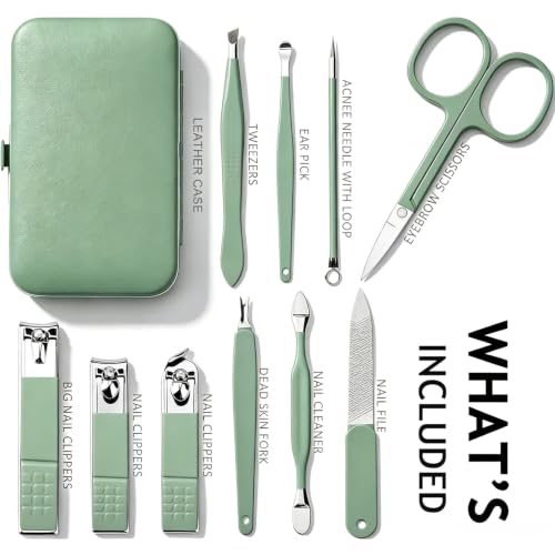 HANTEKAS Manicure Set 10 in 1 Stainless Steel, Nail Clippers Scissors Pedicure Tools Kit - Portable Travel Grooming Kit for Men and Women with Leather Case (Jade Green) Jade Green