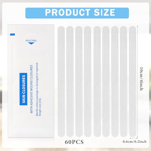 Timgle 60 Skin Closure Strips Adhesive 1/4 x 4 Inch/ 6 x 100 mm for Closing Supporting Cuts Suture, 12 Packs of 5 Strip
