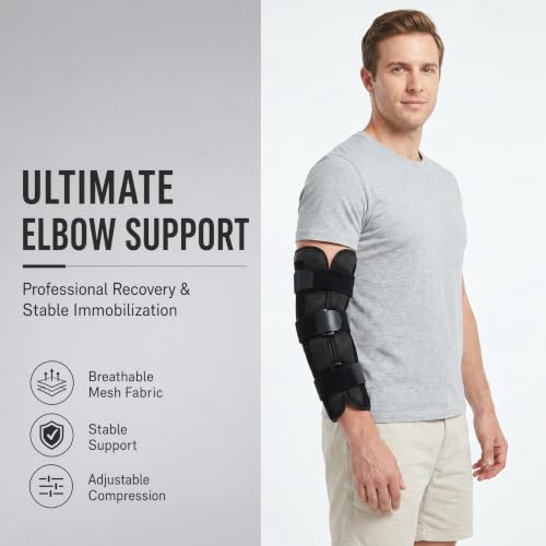 Elbow Brace Splint for Cubital Tunnel Syndrome, Adjustable Elbow Support for Fracture Recovery, Tennis Arm Stabilizer, Night Sleep Relief for Arthritis & Tendonitis Pain (Black)