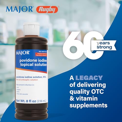 Major 10% Povidone-Iodine Liquid Topical Solution, USP - Topical Antiseptic for Cuts, Scrapes, Burns, and Minor Skin Wounds - 8 Fl. Oz. 8 Fl Oz (Pack of 1)