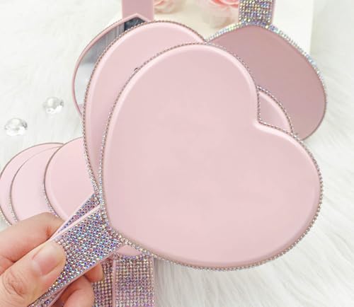 Generic Luxury 2 Pc Bling Diamond Rhinestone Heart Shaped Handheld Cosmetic Travel Mirror (Pink and Black)