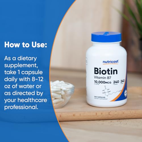 Nutricost Biotin (Vitamin B7) 10,000mcg (10mg) Vitamin Supplement, 240 Capsules - Vegetarian, Gluten Free, Quick Release, Non-GMO (Pack of 3) 240 Capsules (Pack of 3)