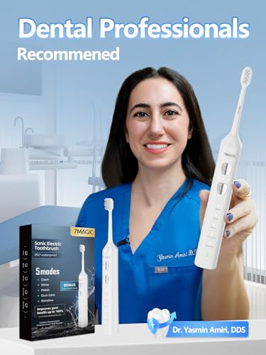 7MAGIC White Sonic Electric Toothbrush Bundle with Genuine Brush Heads for Deep Cleaning 2-Pack