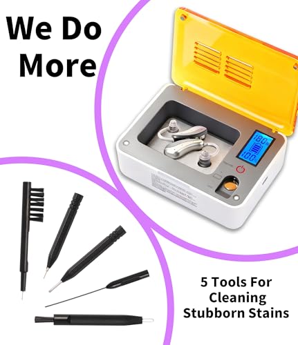 Hearing Aid Dryer Dehumidifier，Hearing Amplifiers Drying Box with 5 Cleaning Kit Removes Moisture, Sweat, and Dust from Earbuds Hearing Aids, 4 Ultraviolet Light, Battery Test. (4UV+Tools) 4UV+Tools
