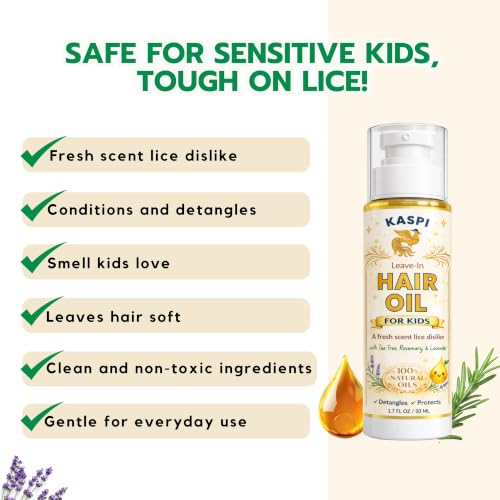 Natural Lice Prevention and Repellent Hair Oil Spray for Kids Hair – Made with Essential Oils, Detangles and Conditions - Tea Tree, Rosemary, and Lavender Oils by Kaspi