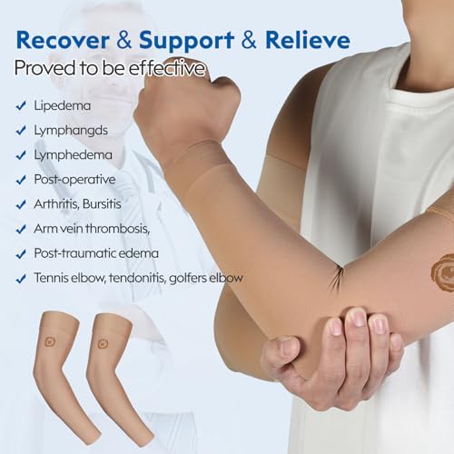 NURCOM Compression Arm Sleeve, 20-30 mmHg, With Silicone, Beige 2XL Beige(with Silicone Top Band) XX-Large(2 Pack)