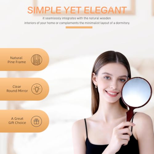 Tumecos Wooden Hand Mirror, Round Handheld Mirror with Fish Tail Handle, Natural Pine Wood, Large & Small Size Options, Vanity Makeup Mirror with Non-Distortion Glass, for Home/Salon Gift, Large Walnut Brown 11"L x 5.7"W
