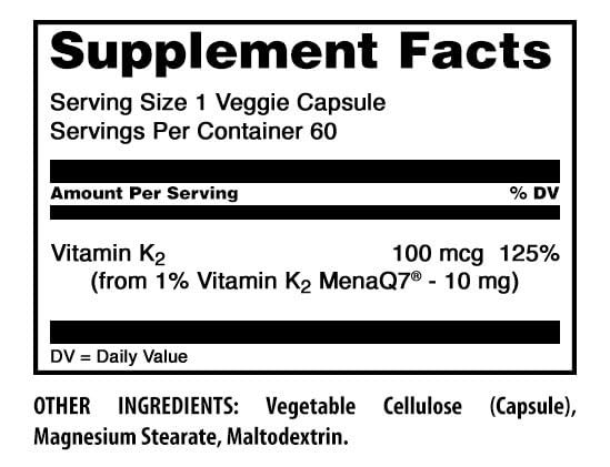 Amazing Formulas Vitamin K2 Menaq7 MK7 Supplement | 100 Mcg | Veggie Capsules | Non-GMO | Gluten Free | Made in USA (1 Pack, 60 Count) 60 Count (Pack of 1)