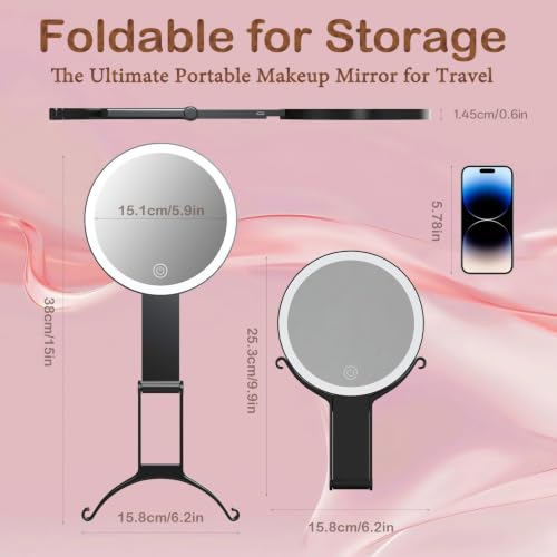 Travel Makeup Mirror with Lights & Foldable Stand, 6" Double Sided 1X/40X Magnifying Portable Lighted Hand Mirror for Men Women, 1X Full Face & 40X POWERFUL Magnification Only for Details Checking Black.1x/40x