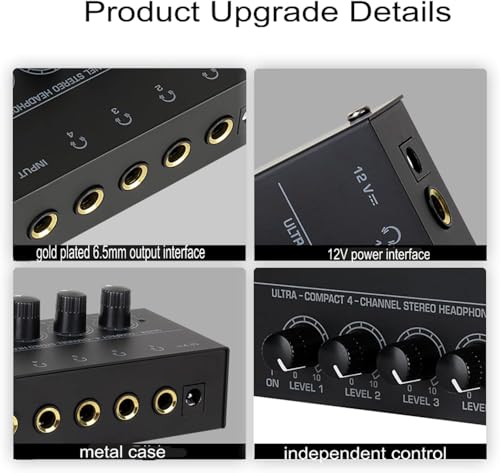 Headphone Amplifier, HA400 4-Channel Metal Stereo Audio Amplifier, Mini Earphone Splitter with DC 12V Power Adapter, HA400d1 for Sound Mixer PC Guitar Studio Stage