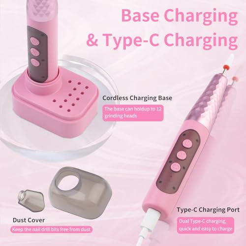 Cordless Electric Nail File with Safety Pause Function,FyndAna Portable Nail Drill Set for Crystal Gel Dip Powder Nails,Rechargeable Manicure Pedicure Tools Polish Set,Pink