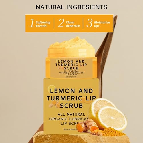 Turmeric Lip Scrub, Lemon Turmeric Lip Exfoliator for Chapped Dry, Lips, Eliminate Lip Lines, Natural Nourish Sugar Lip Scrub with Aloe Vera, Deep Hydration Moisturization Lip Balm for Dark Lips