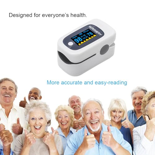 WRINERY Fingertip Pulse Oximeter, Oxygen Saturation Monitor, O2 Saturation Monitor, OLED Portable Oximetry with Batteries, Lanyard (Gray-White)