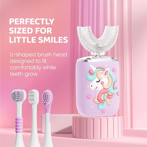Well Before Kids U Shaped Electric Toothbrush with 5 Brush Heads, Ultrasonic, 5 Modes, IPX7 Waterproof Design (Unicorn, Purple Ages 2-7) Unicorn - Purple