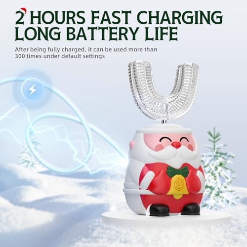 Kids U-Shaped Electric Toothbrush with 4 Brush Heads, Sonic Toothbrush Kids with 5 Modes & 60s Timer, Cartoon Santa Claus 360-Degree Cleaning, IP64 Waterproof & Dustproof (Ages 2-6)