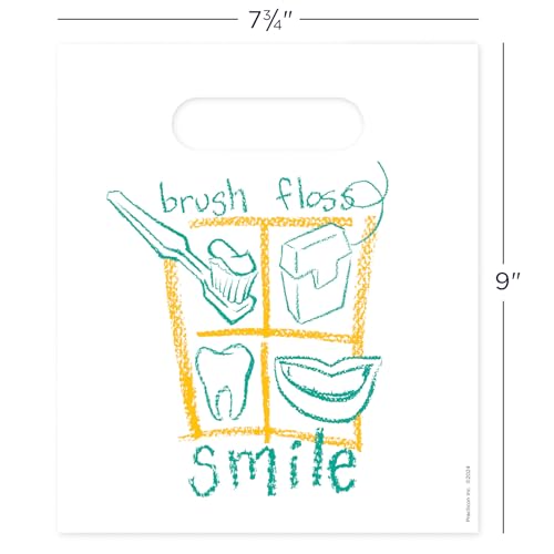 Practicon Brush Floss Smile 7-3/4" x 9" Dental Bag, Dental Hygiene Patient Care Goodie Bag, Dentist Office Plastic Gift Bags, 100 Pack 7-3/4" x 9"