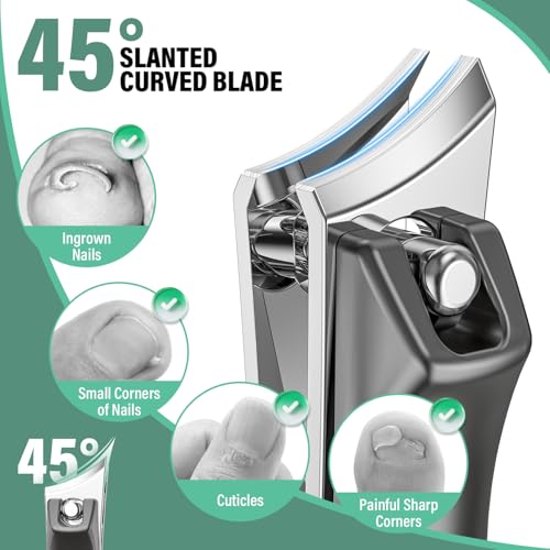Toenail Clippers for Seniors Thick Toenails, CLPPNA Large Toe Nail Clippers Set for Men with Wide Jaw, Sharp Heavy Duty Ingrown Toenail Clippers Nail Cutter, Long Handle with Slanted Curved Blade 6PCS(Ingrown & Angled & Slanted）