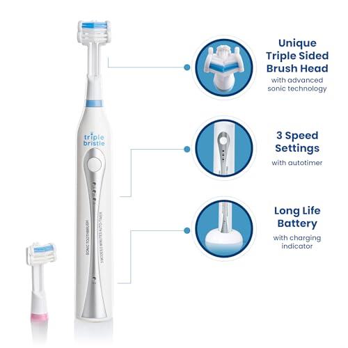 Triple Bristle Original Sonic Toothbrush | Rechargeable 31,000 VPM Tooth Brush | Patented 3 Head Design | Angled Bristles Clean Each Tooth | Dentist Created & Approved Original Triple Bristle Original
