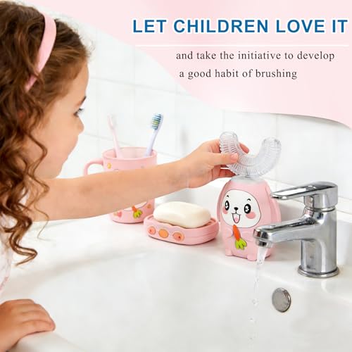 SNOWROSE Kids Electric Toothbrush U-Shaped, IPX7 Waterproof Design with 4 Brush Head 3 Modes, Sonic Automatic 360 Degree Full Mouth Cleaning Children Toothbrush for Ages 2-12 (Pink) Pink