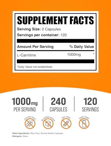 BulkSupplements.com L-Carnitine 1000mg Capsules - Carnitine Supplement, Amino Acid Supplement - Gluten Free, 2 Capsules per Serving (1000mg), 240 Count (Pack of 1)