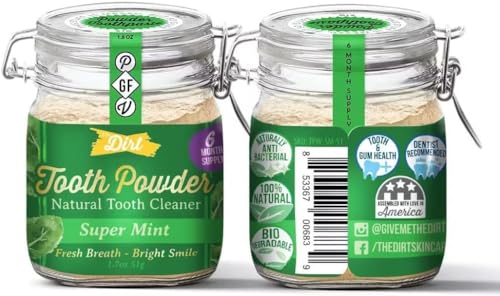 The Dirt - Remineralizing Tooth Powder, Natural Fluoride-Free Teeth Whitening Powder with Hydroxyapatite, Flouride & Gluten Free, Organic Vegan (Super Mint, 51g: 6 Month Supply) Super Mint 1.7 Ounce (Pack of 1)