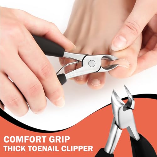 BEZOX Toenail Clipper Kit 4PCS Nail Care Set for Ingrown Toenails – Curved Head Toe Nail Clippers for Seniors for Thick Nails, Thick Fingernail Clippers, Long Nail File & Dual-Ended Lifter - Black Large