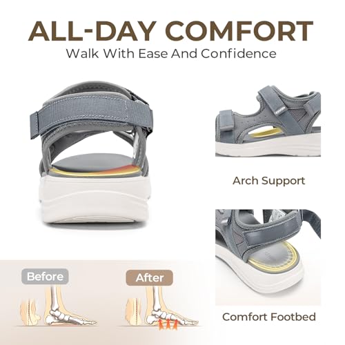 FitVille Wide Orthopedic Women's Sandals Wide Width Walking Sandals for Women Plantar Fasciitis & Swollen Feet with Adjustable Ankle Strap 8 Wide Grey